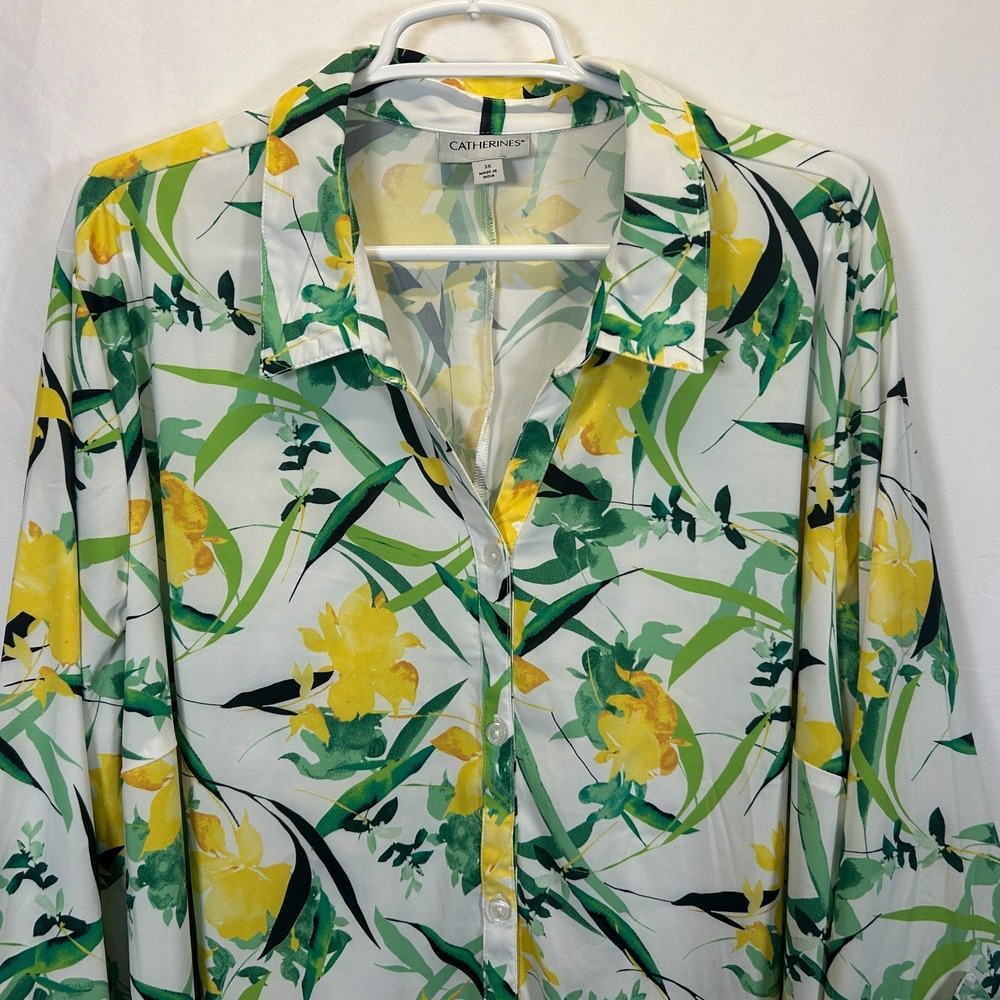 Catherines Women Plus‎ Size 3X Floral White Green Yellow Tropical Button Up 3/4